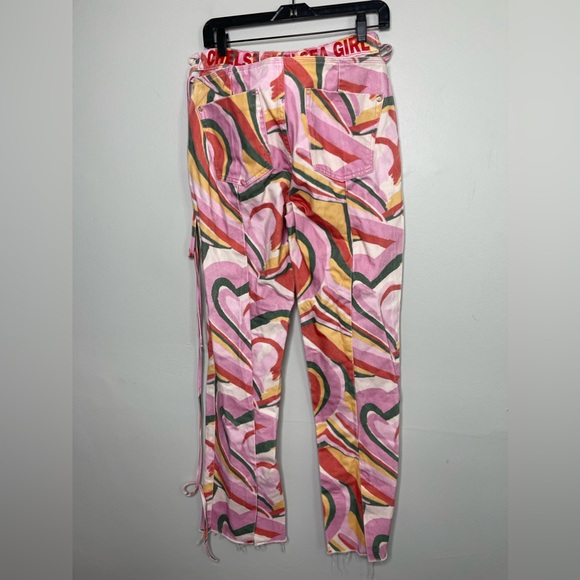 River Island NWT 90s tie back straight jeans in pink Heart print Sz 10 Grunge - Picture 8 of 11